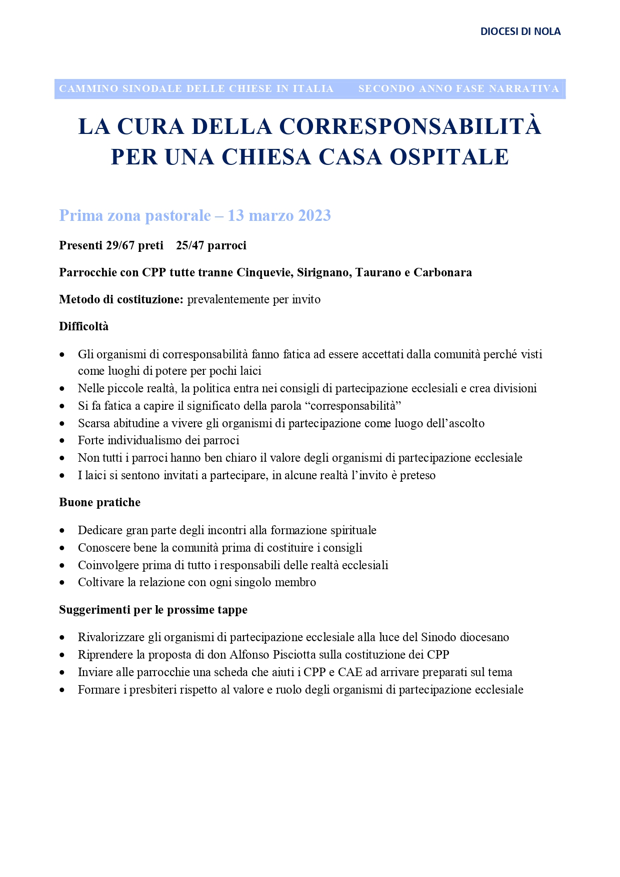 Sintesi incontri con i presbiteri sul Cantiere sinodale diocesano